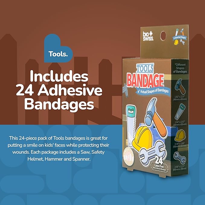 BioSwiss Bandages, Tools Shaped Self Adhesive Bandage, Latex Free Sterile Wound Care, Fun First Aid Kit Supplies for Kids and Adults, 24 Count