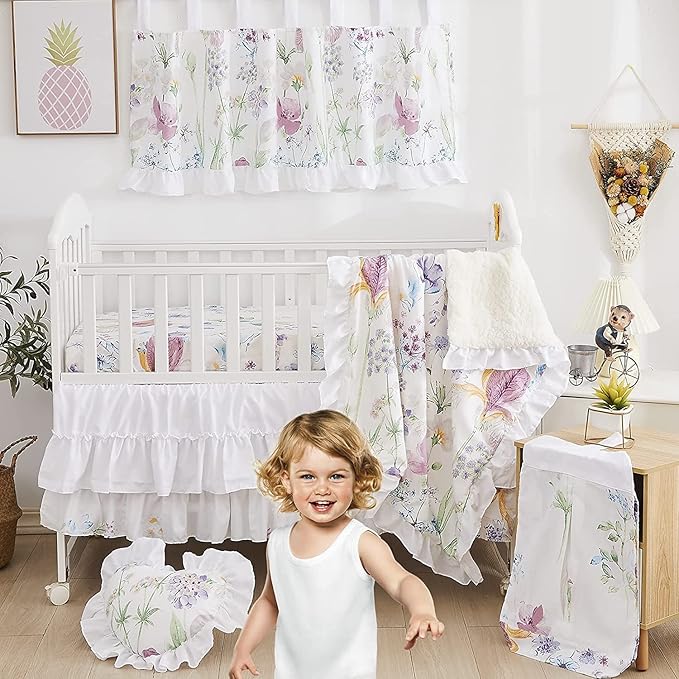 Brandream Wildflower Butterfly Crib Bedding Sets for Girls Farmhouse Baby Nursery Bedding Blanket Set Romantic Purple White, 6 Pieces