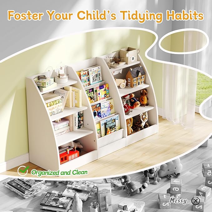 4 Tier Kids Bookshelf Set of 2, 4 Layer Sling Kids Book Shelf for Kids Rooms, XL Wood Children Bookcase,Baby Storage Book Rack,Toddler Bookshelf, Book and Toy Organizer,Book Display Shelf for Nursery