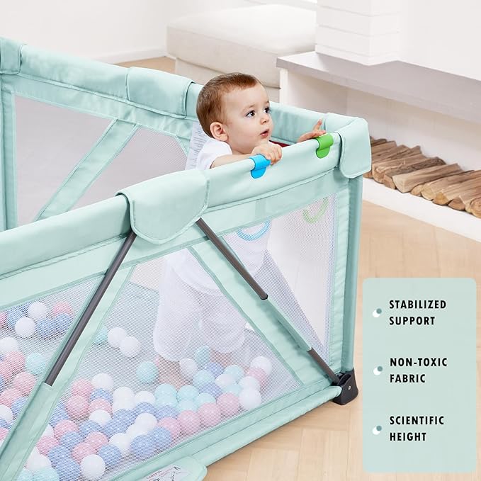 Baby Playpen Foldable, Playard for Babies and Toddlers, Portable Playpen Activity Center with 50 Balls+2 Handles for Travel, Indoor & Outdoor Play Pen with Mesh 50''x50''