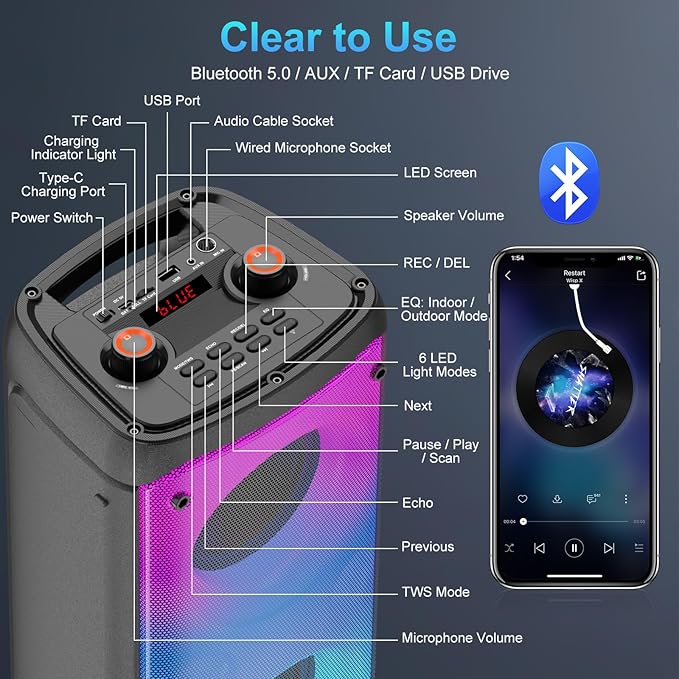 Bluetooth Speaker, 80W Peak Wireless TWS Portable Outdoor Party Speakers with Subwoofer, Deep Bass, LED Colorful Lights, Loud Stereo Sound Boombox with Radio for Home, Camping, Travel