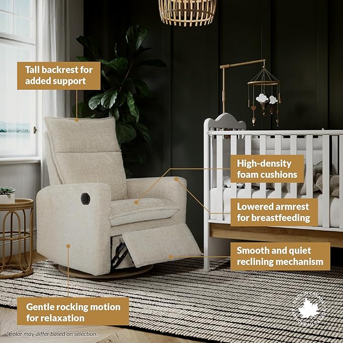 Jaymar Arya Modern Nursery Glider Recliner Chair – Cozy Nursing Chair with 360° Swivel for New Parents, Gentle Motion, Compact Design, High Back & Low Armrests, Canadian Made (Pearl/Puppy Fabric)