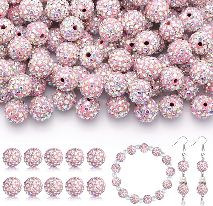 200pcs 10mm Rhinestone Beads for Jewelry Making, Pink AB Shiny Round Disco Ball Beads Bulk, Sparkle Crystal Clay Christmas for Bracelet Baseball Necklace Earring Crafting and DIY
