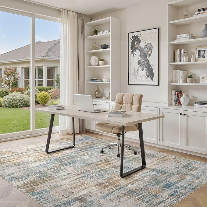 Area Rug for Living Room: 12x15 Washable Neutral Abstract Modern Soft Rugs Non Slip Indoor Floor Stain Resistant Large Carpet for Bedroom Dining Room Office Nursery - Blue Brown