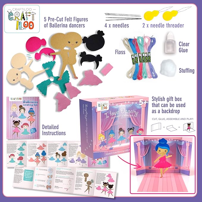 CRAFTILOO Ballerina Dancers Sewing Kit for Kids, Fun and Educational Craft Set for Boys and Girls Age 5-12, Sew Your Own Felt Ballerina Craft Kit for Beginners (Ballerina Kit)