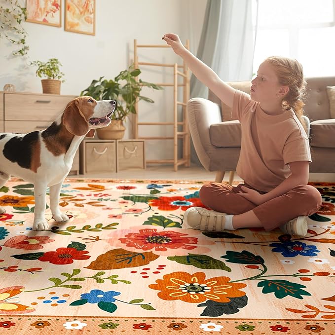 Floral 2x10 Area Rug Machine Washable Soft Print Boho Carpet Non Slip Doormat Low Pile Flower Area Rugs for Living Room Bedroom Nursery Kitchen Dining Room Indoor-Light Orange