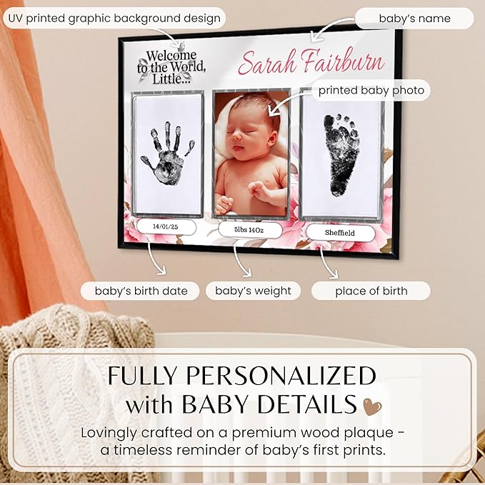 Inkless Hand and Footprint Kit, Baby Keepsake Plaque & Baby Shower Gifts - Ideal as Mom To Be Gift, Nursery Picture Frames, Clean Touch Hand and Footprint Kit (Style 1 - Design 2)