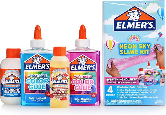 Elmer’s Neon Sky Slime Kit, Slime Supplies Include Transparent Color Liquid Glue, Crunchy Slime Activator, Cherry Limeade Slime Activator, 4 Count