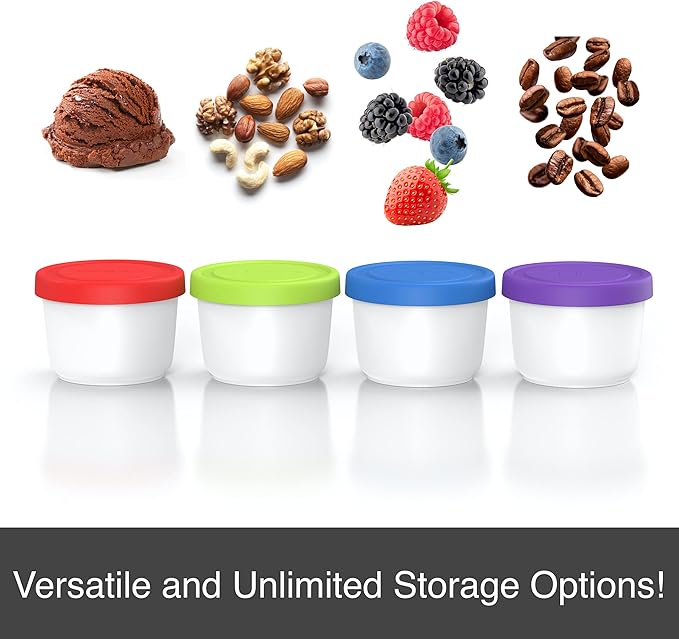 BALCI - 8oz Mini Ice Cream Containers with Silicone Lids (Set of 4) - Freezer Food Storage Containers, Reusable, LeakProof, For Homemade IceCream Containers - Blue, Red, Green, Purple