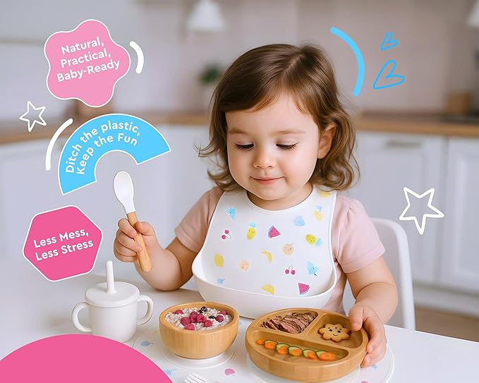 Bamboo Baby Feeding Set for Infants & Toddlers - Baby Essentials, Non-Toxic, Sustainable, Bamboo Suction Plate & Bowl, Bib, Sippy Cup w/Lid & Straw, Daily Use, Travel, Baby Shower Gifts (Vanilla)