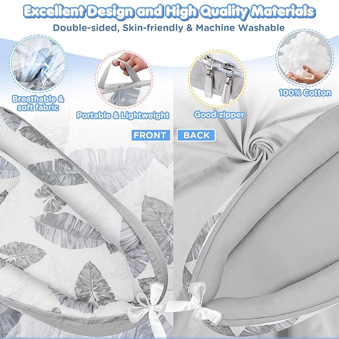 Baby Lounger - Baby Lounger for Newborn 0-24 Months, Breathable and Soft Cotton Cover Baby Nest, Portable Cozy Tummy Time Lounger for Home and Travel, Ideal Baby Essentials & Shower Gifts