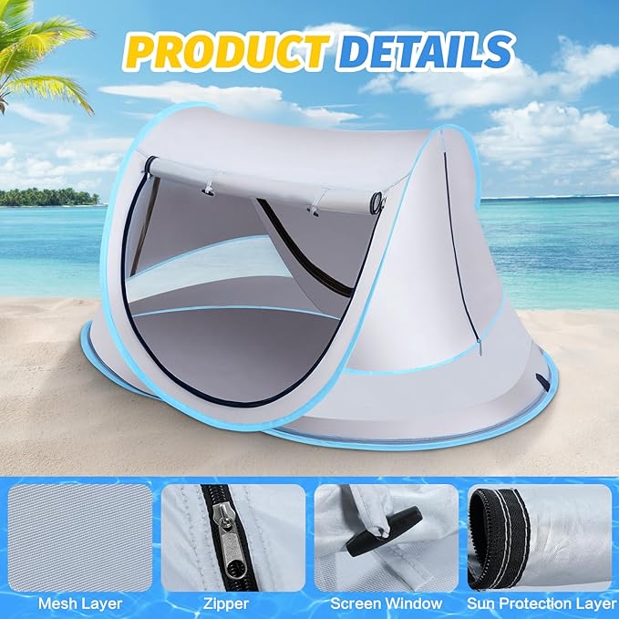 Baby Beach Tent with Baby Hat, Pop Up Toddler Travel Bed with Sun Hat for Boys or Girls, Sun Shade for Toddler Camping, Infant Portable Sun Shade, Summer Beach Baby