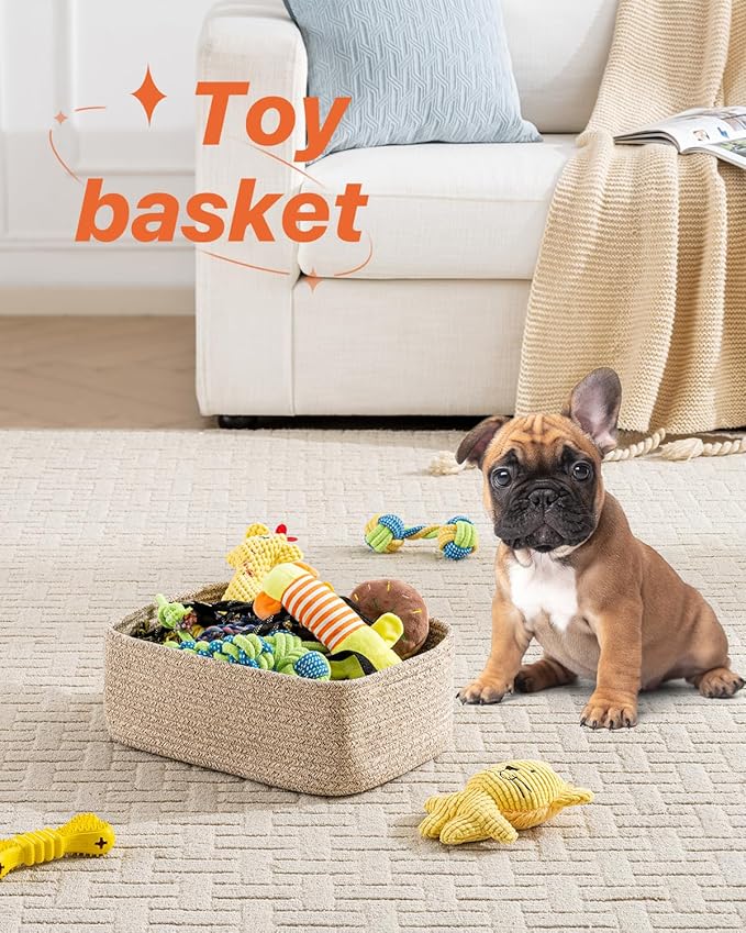 KALLAX Small Woven Basket, 13.5 x 9.5 x 5 Inches, Storage Basket for Organizing, Cute Small Rope Shelf Closet Cube Storage Bins Baskets for Shelves, Dog Toy Gift Baskets Empty, 3 Packs, Mixed Brown