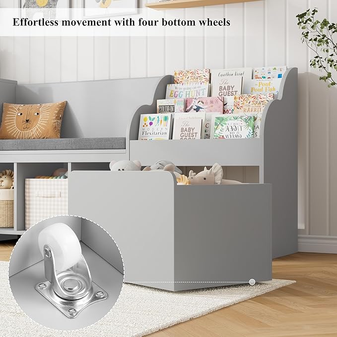 HOSTACK 67" Kids Reading Nook with Bench, Kids Bookshelf and Bookcase with Seat Cushion and 6 Storage Cubbies, Toy Storage Box on Wheels, Toy Chest for Playroom, Bedroom, School, Grey
