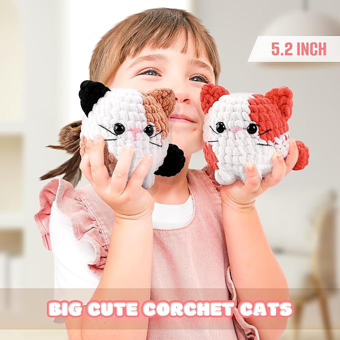 Cat Crochet Kit for Beginners-2PCS Calico Cats Crochet Kits for Adults Kids, Crochet Starter Kit with Step-by-Step Video Tutorials,Crochet Animal Kits Knitting Kit Learn to Crochet Kits