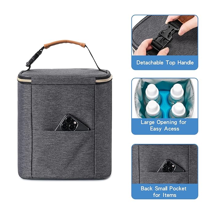 Breastmilk Cooler Bag with Ice Pack Fits 4 Baby Bottles Up to 9 Ounce, Baby Bottle Bag for Nursing Mom Daycare-Grey
