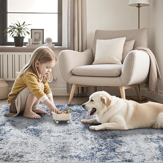 Area Rug Living Room Rugs: 5x7 Abstract Washable Rugs Ultra Soft Carpets with Non-Slip Backing Stain Resistant Carpet for Dining Room Table Bedroom Nursery Indoor Home Office Blue/Gray/Black