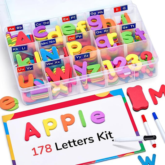 Gamenote Classroom Magnetic Alphabet Letters Kit 178Pcs with Double Side Magnet Board - Foam Alphabet Letters for Preschool Kids Toddler Spelling and Learning Colorful ABC Education Fridge Magnets