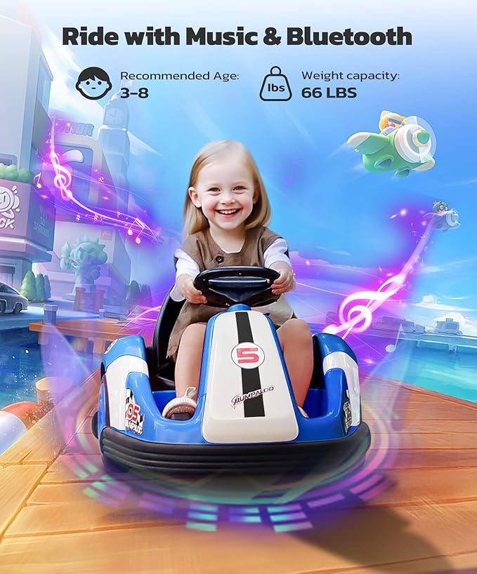 ELEMARA 12V Kids Bumper Car with Big Wheel, 2.2 Mph Max, Toddler Bumper Cars with Remote, Baby Bumping Toy Car with DIY Stickers,360 Degree-Spin, Music, Bluetooth,LED Lights, Blue