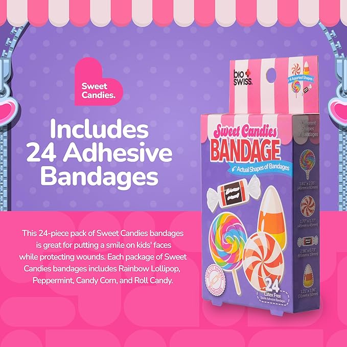 BioSwiss Bandages, Sweet Candies Shaped Self Adhesive Bandage, Latex Free Sterile Wound Care, Fun First Aid Kit Supplies for Kids and Adults, 24 Count