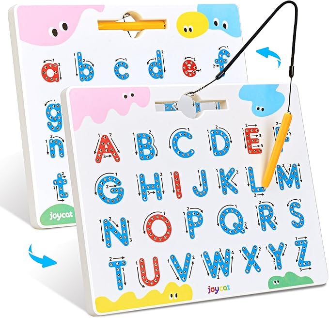 JoyCat Magnetic Letter Tracing Board, 2-in-1 Double-Sided ABC Magnets for Kids Ages 3-5, Uppercase & Lowercase Letter Writing Practice - Preschool Learning Toys, Road Trip Car Activities for Toddlers