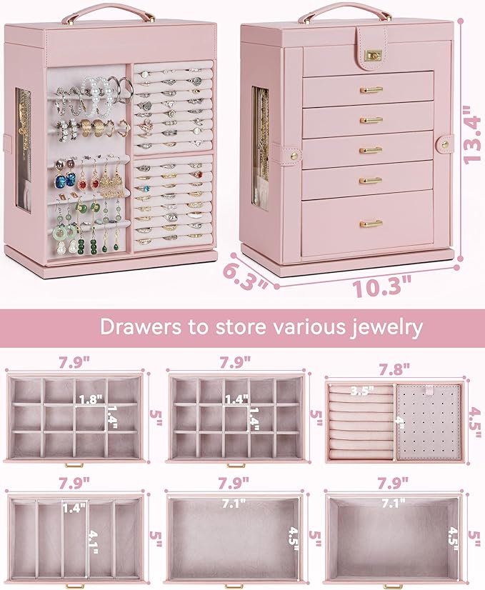 AKOZLIN 360° Rotating Jewelry Box 6-Tier Organizer Functional Jewelry Storage Case for Women Girls Ring Necklace Earring Bracelet Holder with Mirror Pink