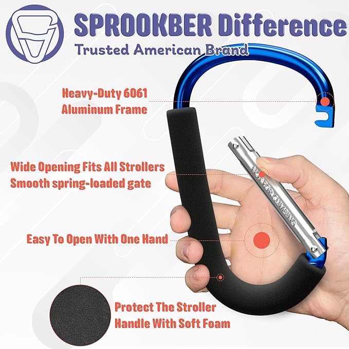 sprookber 6.7 Inch Large Stroller Hooks for Diaper Bags & Purses, Heavy Duty Mommy Hooks for Shopping, Grocery, Backpack – Baby Stroller Accessories, Set of 2 (Bule)