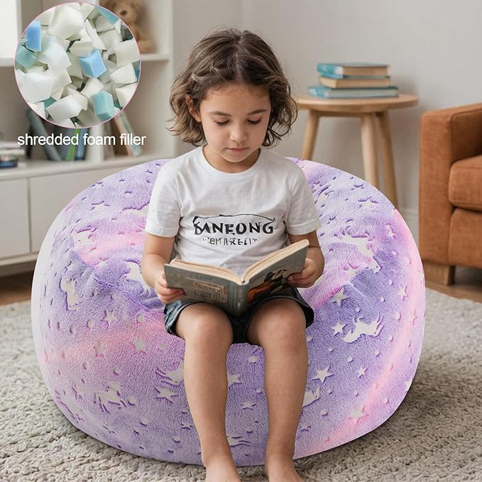COMAX Kids Bean Bag Chair Turn into Beanbag Bed, Toddler Bean Chair for Girl Boy Sleeping, Lazy Children Bean Bags with Filler, Convertible Child Floor Mattress, Purple Unicorn