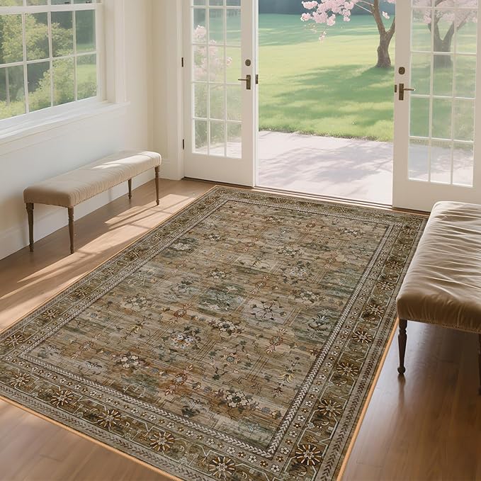 8x10 Washable Area Rug for Living Room, Non Slip Vintage Floral Print Rugs No Shedding, Distressed Thin Retro Accent Carpet for Bedroom Nursery Farmhouse Dining Room Olive/Charcoal