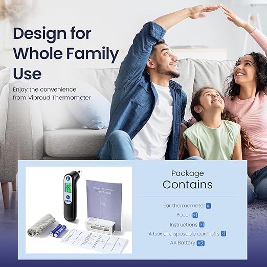 Ear Thermometer for Kids, Babies and Adults, 1 Second Accurate Digital Thermometer, Mute Function, 3-Color Fever Alert, 3 Age Groups, 30 Memory Recall with 20x Probe Covers (LCD-Black)