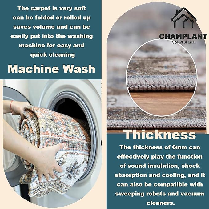 Area Rug 9x12 Washable Taupe Vintage Traditional Mat Distressed Indoor Foldable Thin Retro Accent Floral Non Slip Carpet for Living Room Dining Room Office