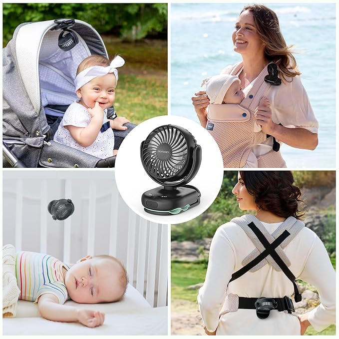 Momcozy Portable Fan with Clip | 4-Speed Mini-Fan for Carrier | Personal Fans Ultra Lighter 0.26lb | Gaps ≤4.5mm | Handheld Cooling | Rechargeable Rotate for Diaper Backpack/Stroller/Carrier/Chair