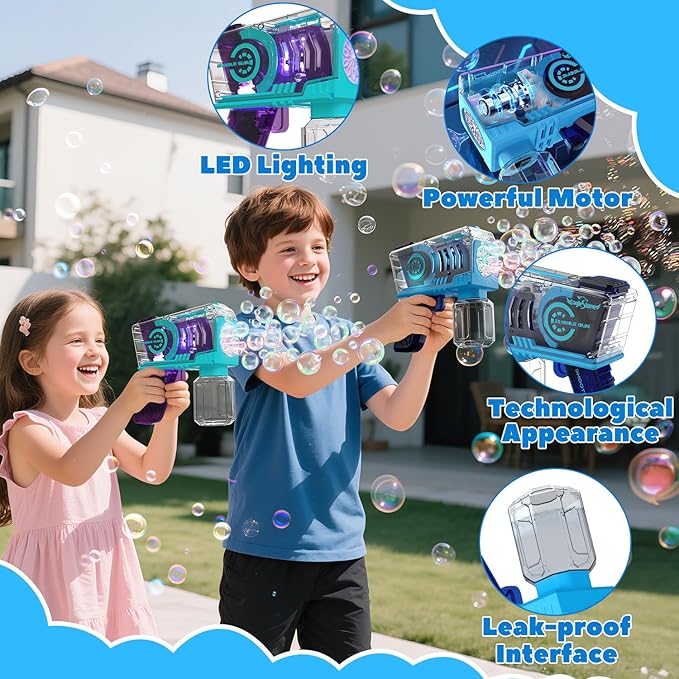 EagleStone 2 Pack Kids' Bubble Guns, Automatic Bubble Machines with 10-Hole Wands, Blasters for Toddlers,Lights Up Bubble & Solution, Easter, Wedding Party Favors, Outdoor for Boys & Girls