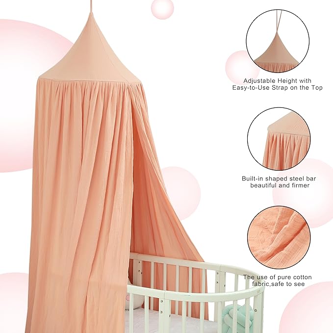 Cotton Kids Bed Canopy, Nursery Room Baby Crib Hanging Curtain Mosquito Net Hideaway Bedding Children Reading Nook Decoration, Pastel Neutral Color for Boys & Girls (Pink)