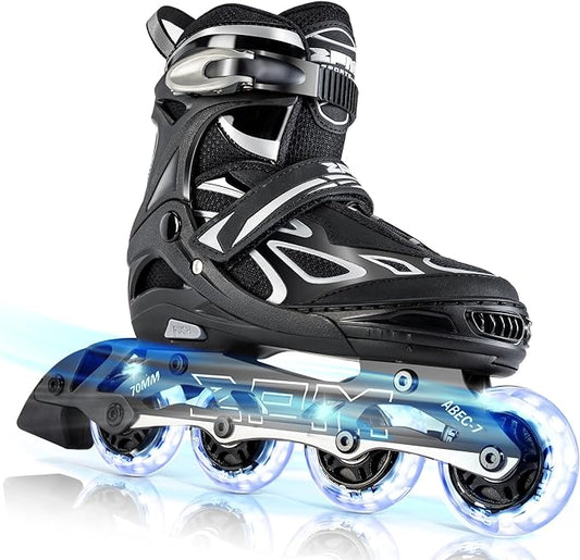 2PM SPORTS Vinal Girls Adjustable Flashing Inline Skates, All Wheels Light Up, Fun Illuminating Skates for Kids Men Adult Women and Boys