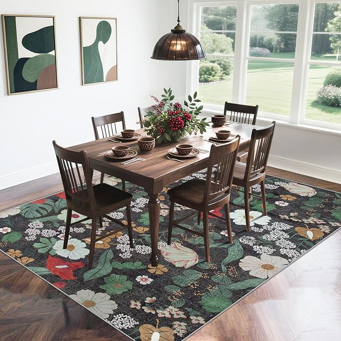 Area Rug Living Room Rugs: 6x9 Washable Rug Vintage Floral Soft Boho Non Slip Carpet Indoor Floor Non Shedding Low Pile Thin Carpets for Bedroom Dining Room Farmhouse Nursery Home Office Green