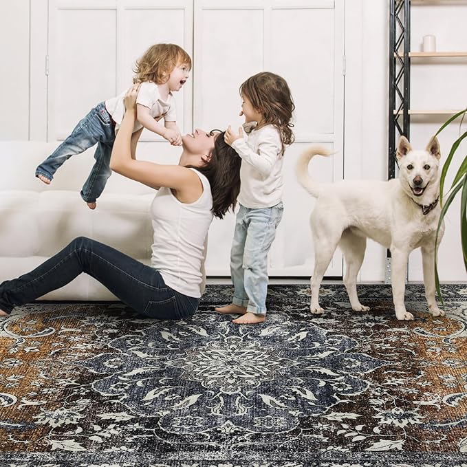 4x6 Washable Area Rug for Living Room, Carpet for Bedroom, Soft Faux Wool Retro Dining Room Rug, Non Slip&Non-Shedding Resistant Low Pile Vintage Print Rug for Home Office (Tan/Gray)