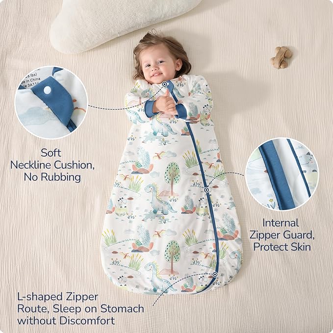 Baby Sleep Sack 12-18 Months, Cotton Detachable Long Sleeve Sleep Sack, 1.0 Tog Toddler Sleeping Sack with Temperature Strips, 2-Way Zipper Wearable Blankets for Newborns, Dinosaur