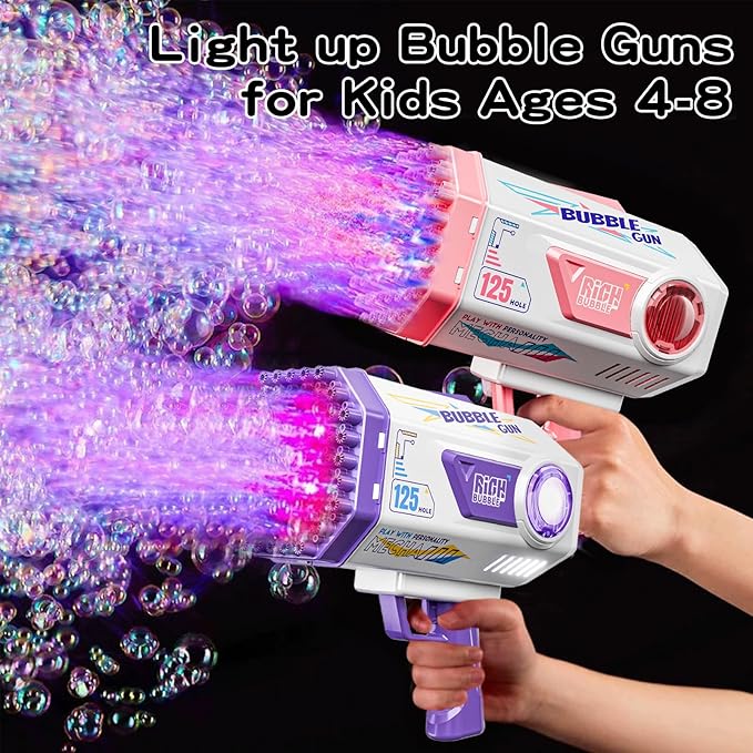 Bubble Gun, 125 Holes Bubble Machine Gun, Bubble Blaster Gun for Kids, Rechargeable Bubble Gun with Bubble Solution, Summer Toy Party Favors Bubble Maker for Wedding Birthday (Purple)