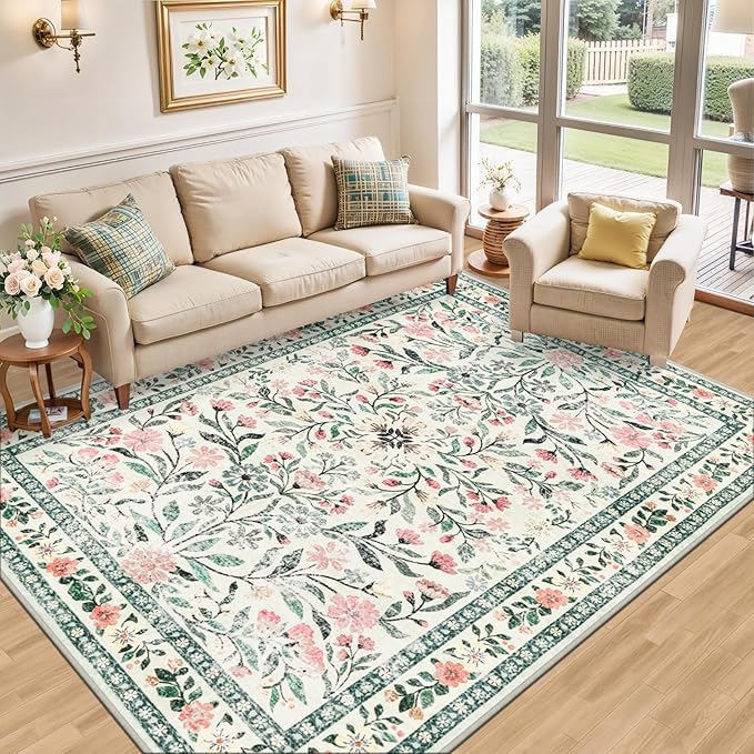 6x9 Area Rugs for Living Room: Floral Washable Rug Vintage Large Soft Boho Non-Slip Carpet Indoor Stain Resistant Thin Carpets for Bedroom Dining Room Farmhouse Nursery Hallway Home Office Green Beige