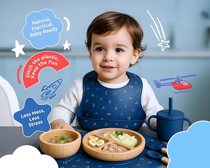 Bamboo Baby Feeding Set for Infants & Toddlers - Baby Essentials, Non-Toxic, Sustainable, Bamboo Suction Plate & Bowl, Bib, Sippy Cup w/Lid & Straw, Perfect Baby Shower Gifts (Midnight Blue)