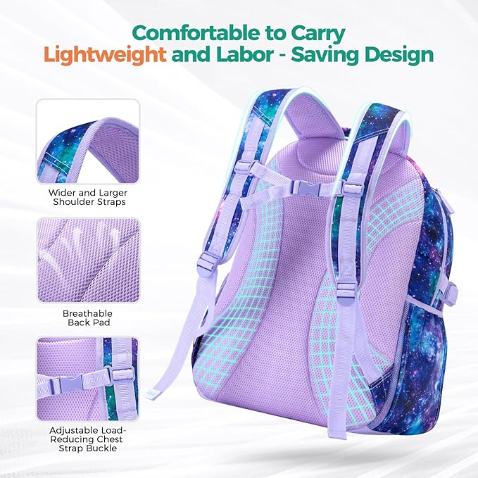 Choco Mocha Sloth Backpack for Girls, Elementary School Backpack for Girls Ages 6-8 Kids Kindergarten Backpack Bookbag 17 Inch with Chest Strap, Purple