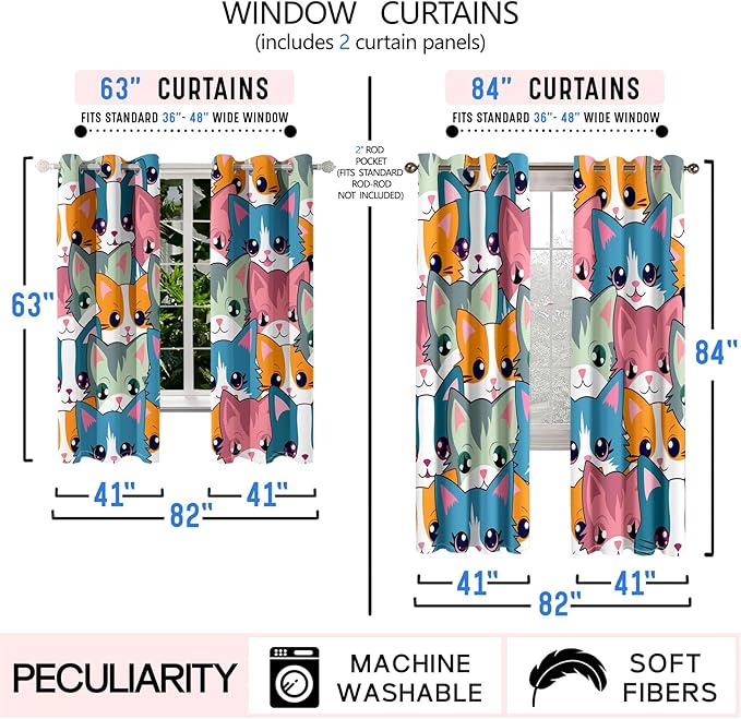 Cat Blackout Curtains for Girls - 2Pcs Cute Cartoon Cat Patterns Curtain Panels for Girls Bedroom Lovely Cats Drapes Darkening Window Curtain for Living Room Bedroom, 82" x 63"