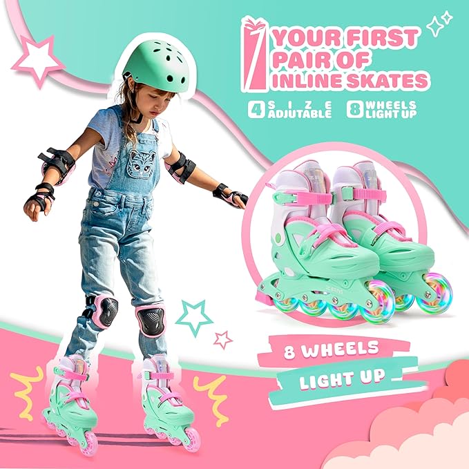 2PM SPORTS Inline Skates with Light Up Wheels, Roller Skates Blades for Boys Girls Kids Ages 5-8 8-12 4-6 6-12, Size Adjustable Beginner Blades Roller Skates