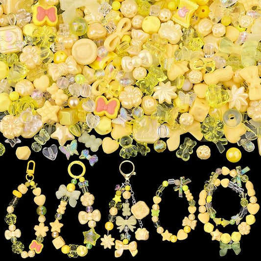 Assorted 170-230PCS Yellow Acrylic Beads for Bracelet Making, Flower Bow Butterfly Candy GummyBear Aesthetic Bracelet Charms,Cute Beads for Jewelry Making DIY Necklace Keychain Phone Charm