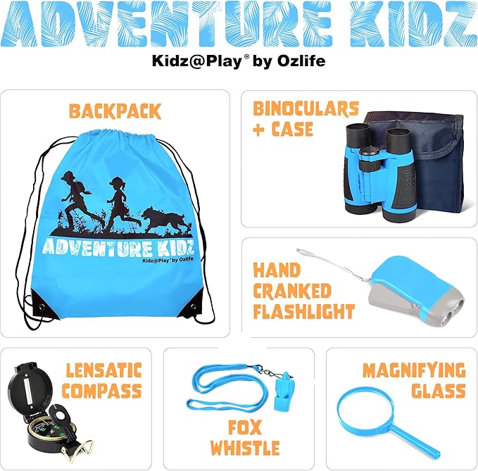 Adventure Kidz - Outdoor Exploration Kit, Children’s Toy Binoculars, Torch, Compass, Whistle, Magnifying Glass, Backpack. Great Kids Gift Set for Camping, Hiking, Educational and Pretend Play.