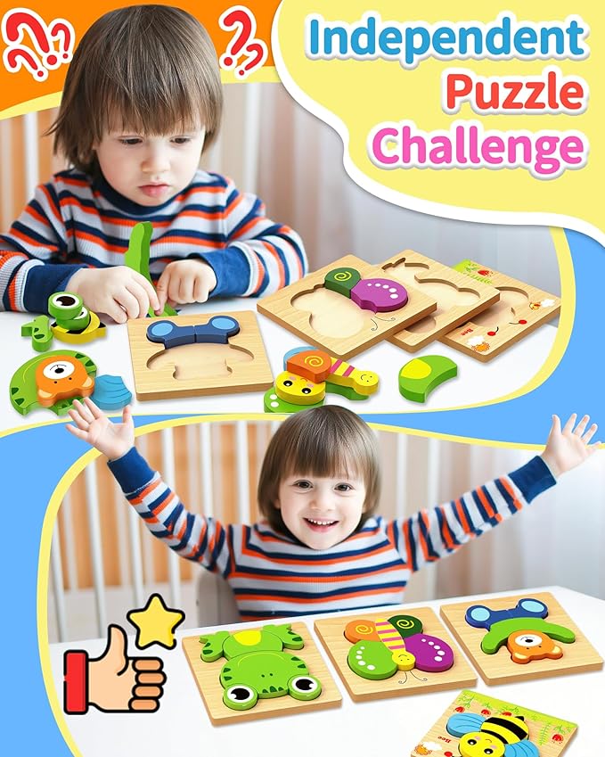 Bekayshad Wooden Puzzles Toddler Toys Gifts for 1 2 3 Year Old Boys Girls, 12 Pack Animal Jigsaw Puzzles Montessori Toys, Learning Educational Birthday Gifts for Girls Boys Ages 1-3