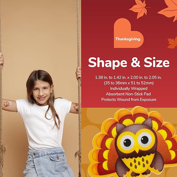 BioSwiss Bandages, Thanksgiving Shaped Self Adhesive Bandage, Latex Free Sterile Wound Care, Fun First Aid Kit Supplies for Kids and Adults, 50 Count