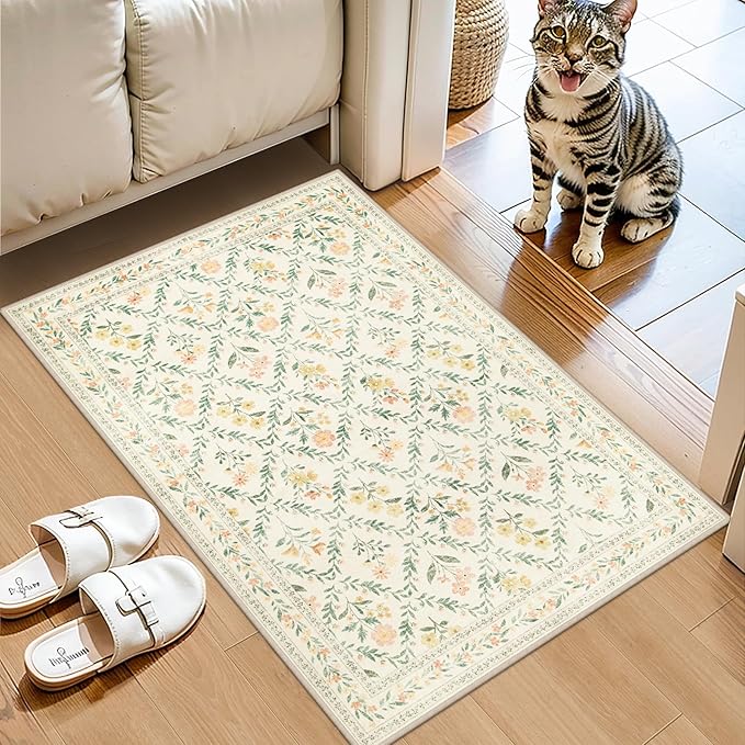 Entryway Rug 2X3 Small Rugs: Floral Washable Door Mat Vintage Soft Low Pile Non-Slip Kitchen Rugs Stain Resistant Indoor Throw Rug for Entrance, Bedroom, Kitchen, Laundry, Bathroom Beige/Multi