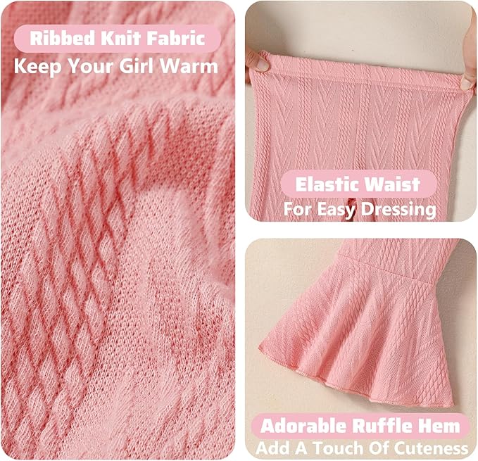 2 Pack Toddler Baby Girl Pants Flare Leggings Ribbed Knit Newborn Bell Bottoms Solid Ruffle Infant Pants for Girls